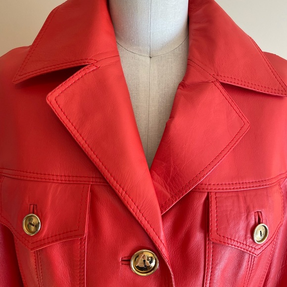 Leda Spain by Gropper Tangerine Leather Trench Coat with Gold Tone Accents - Picture 11 of 16